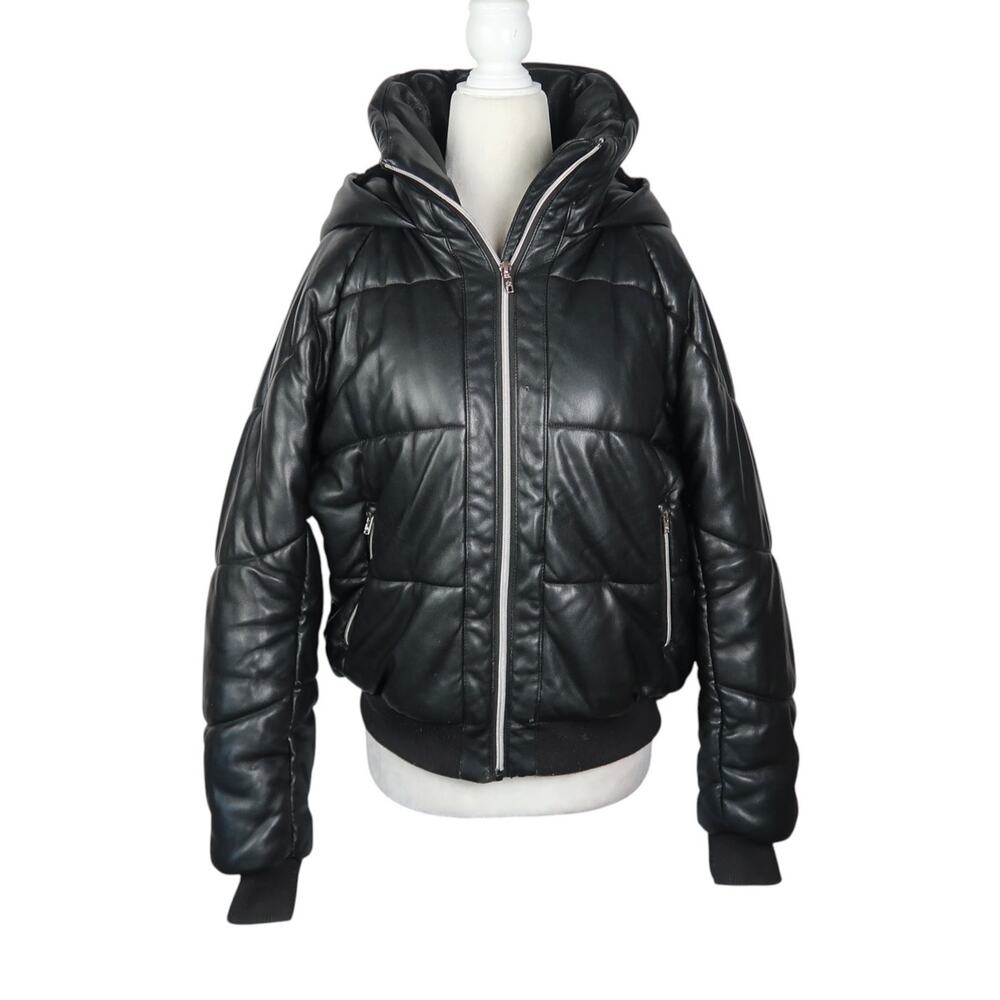 Alo Yoga Boss Black Faux Leather Puffer Jacket Coat Hooded Small